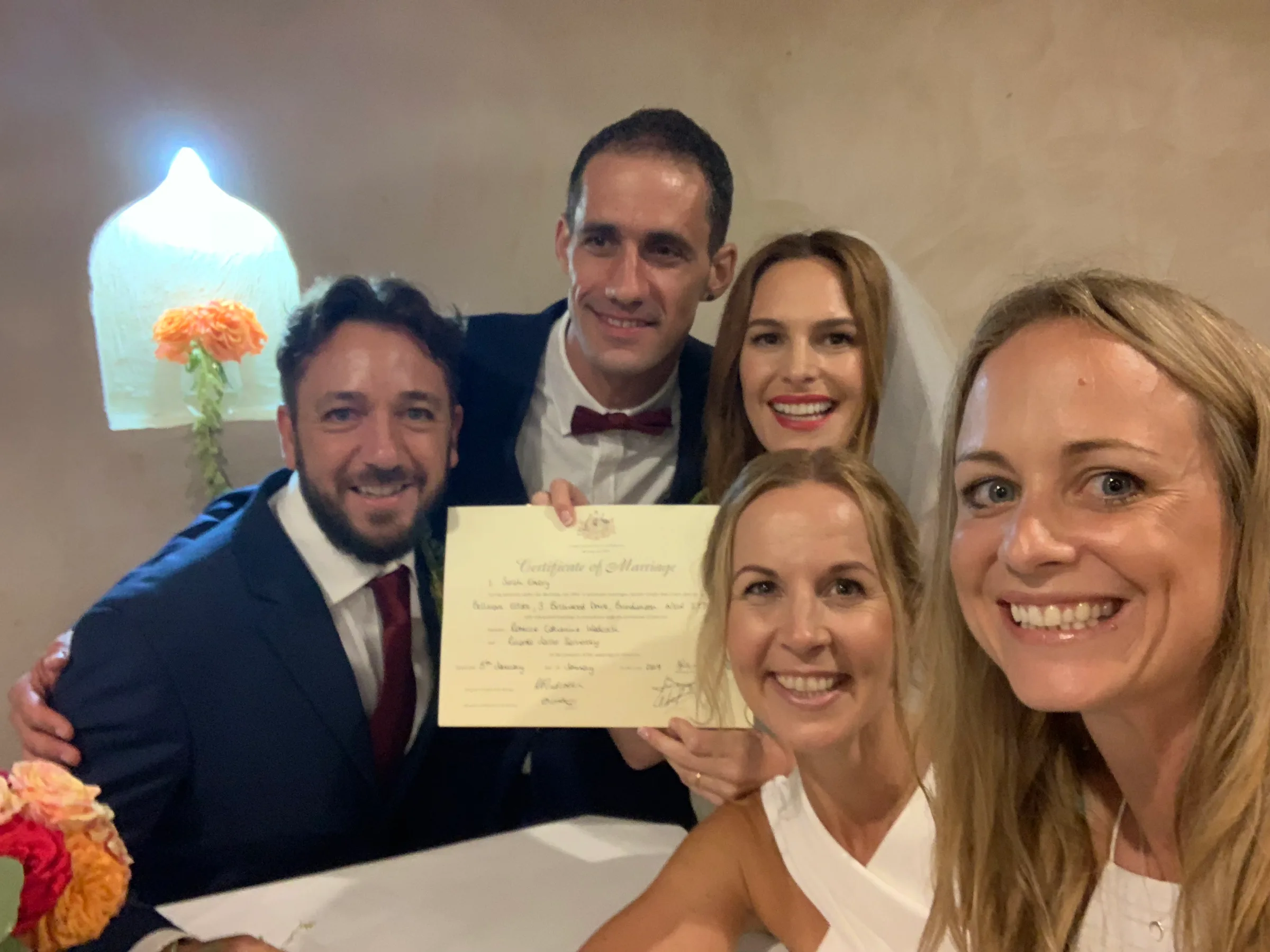 Wedding ceremony, couple and guests